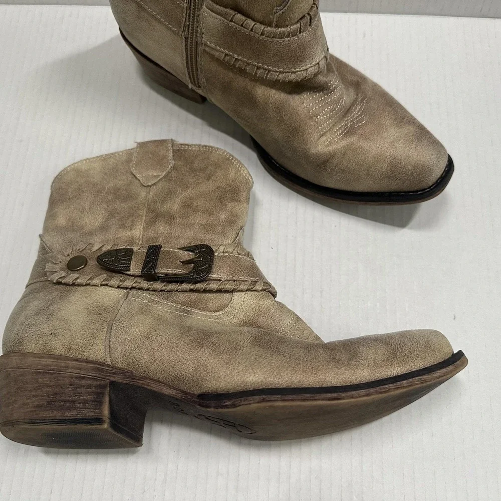 Roper Western Boots Womens 10 Beige Ankle Zip Buckle Pointed Toe Low Heel